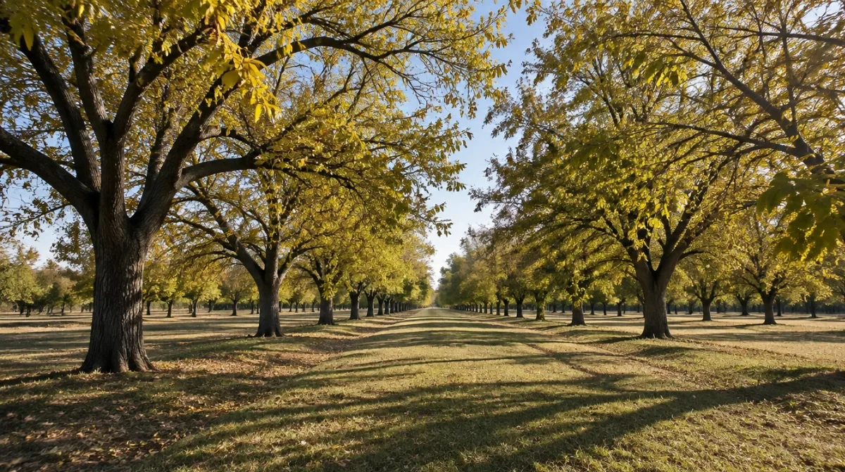 Row of mature pecan trees with yellow leaves and long shadows in a coastal Georgia orchard in late autumn