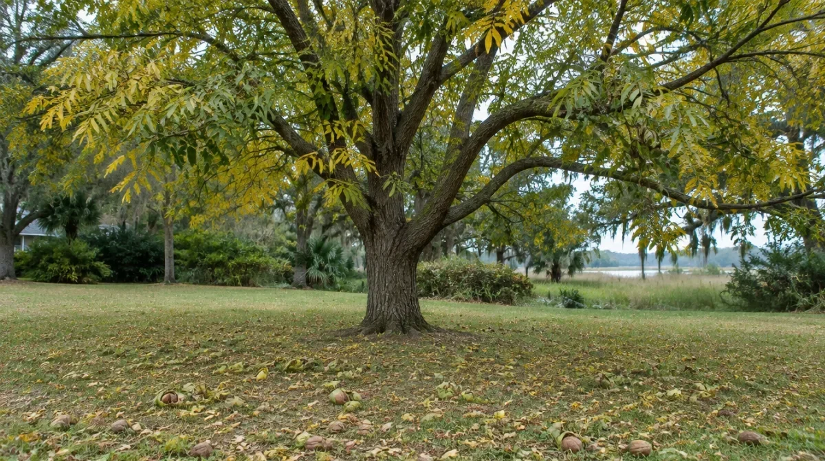 Mature pecan tree with a wide open canopy and yellowing leaves in a coastal Georgia yard with pecans on the ground