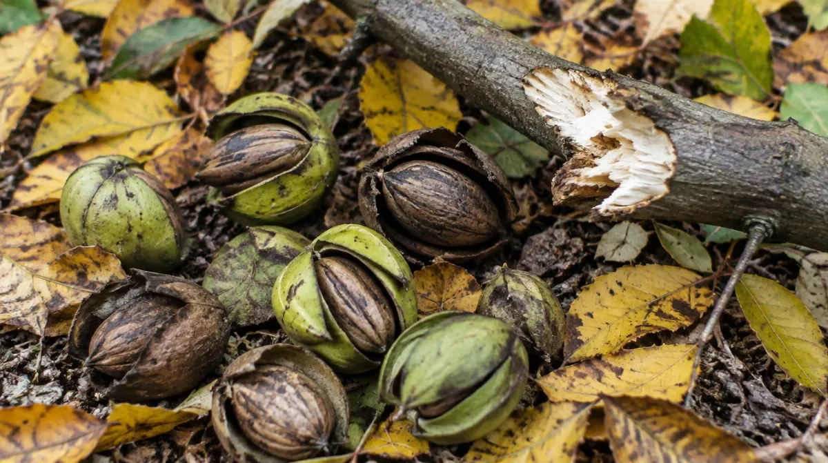 Pecans in split green husks on the ground among fallen leaves beside a freshly broken pecan limb