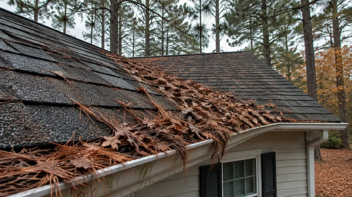 Pine straw and oak leaves packed into a roof valley and overflowing gutter beneath tall loblolly pines