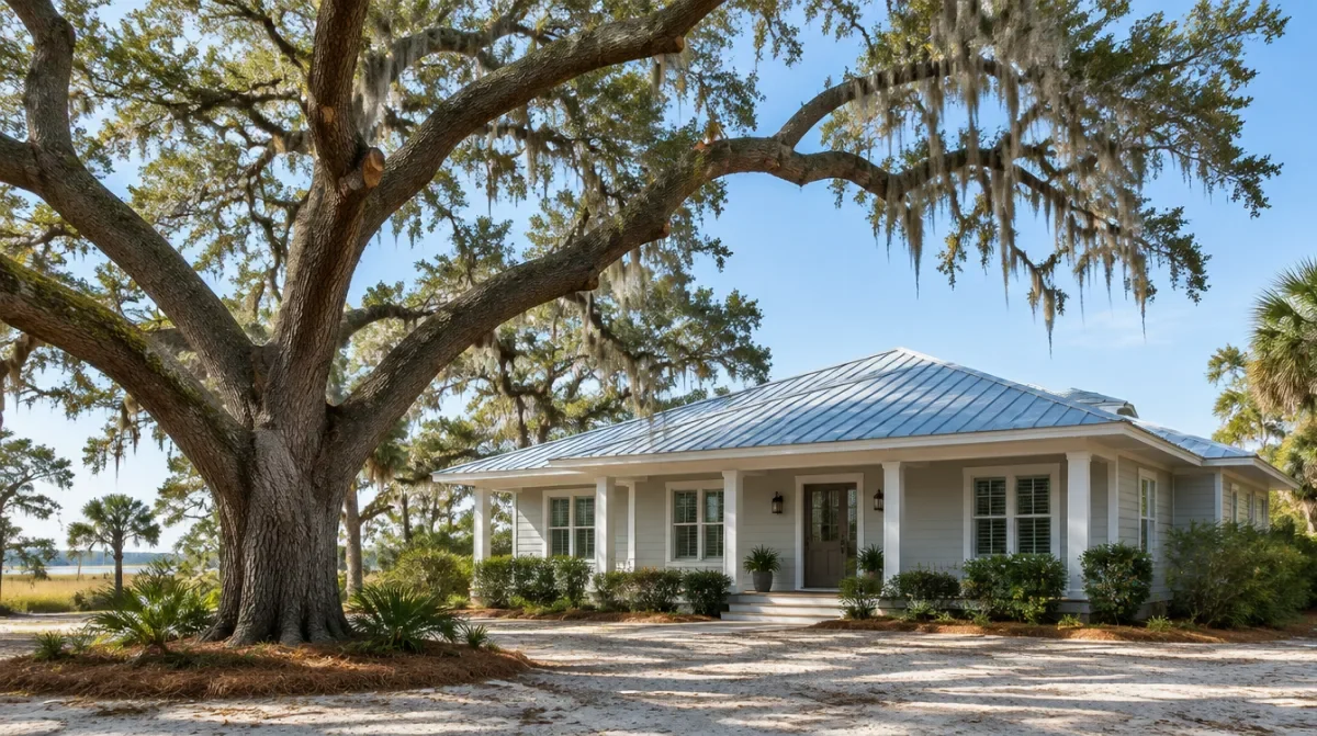 Well pruned mature live oak with clean cuts and good clearance above a coastal Georgia rooftop