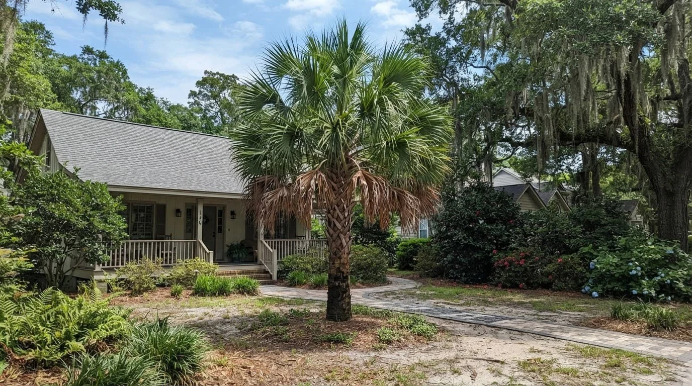 A palm tree with green leaves and dead brown fronds beside a home walkway.