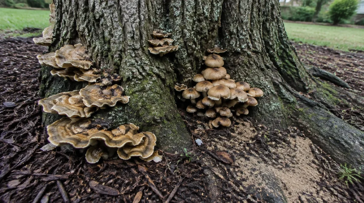 Shelf fungus and clumped mushrooms growing from the root flare of a large oak in a Georgia yard