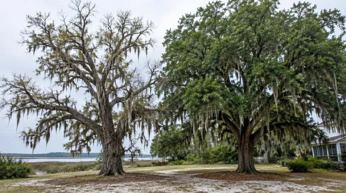 A thin declining live oak heavy with Spanish moss beside a full healthy moss-draped oak in a coastal Georgia yard