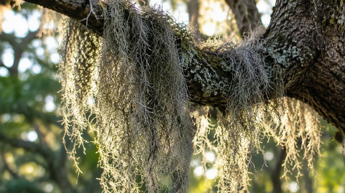 Backlit Spanish moss hanging loose on a live oak branch showing it does not root into the bark