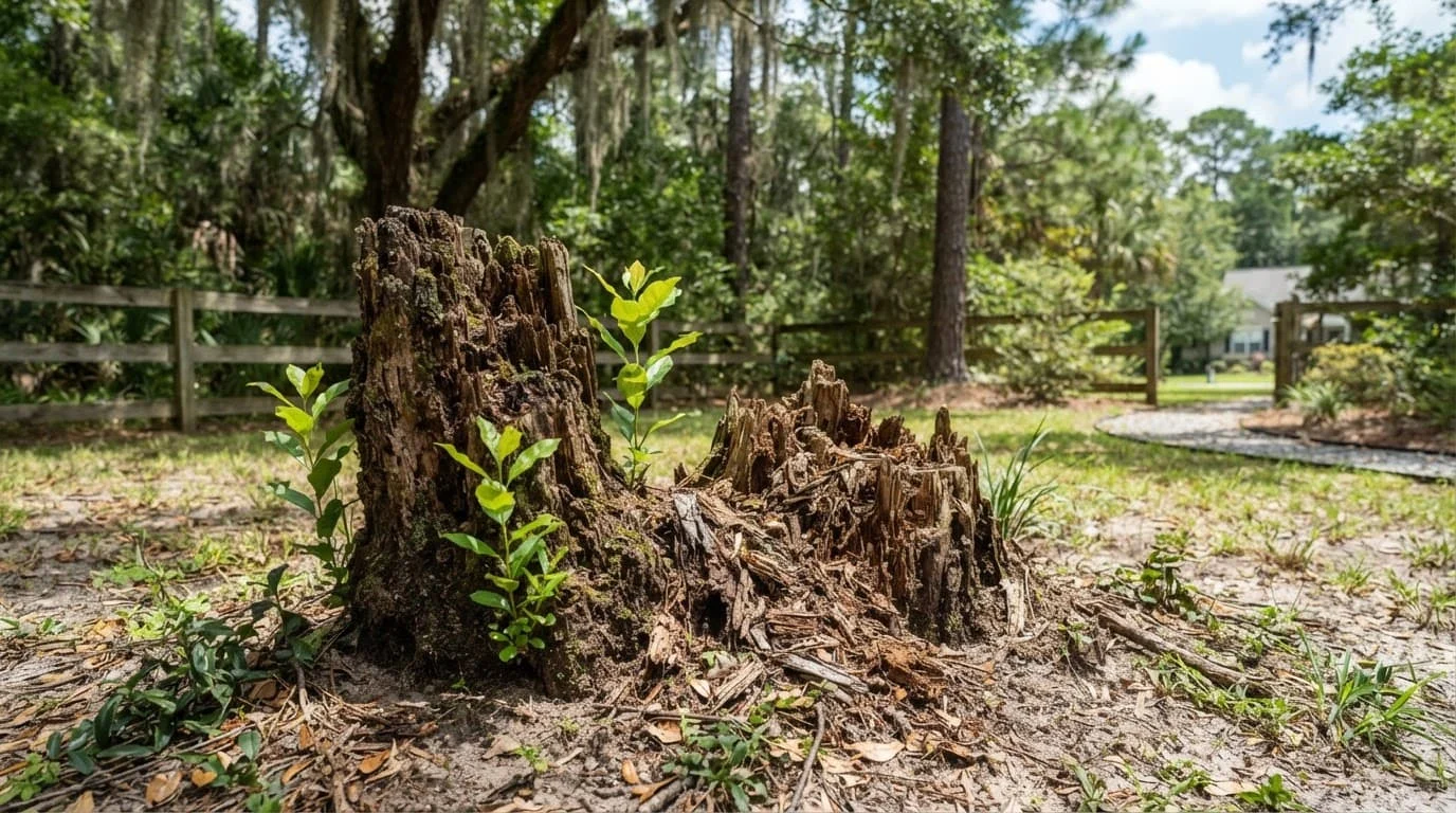 A sprouting stump stands beside a decaying stump in a sandy yard.