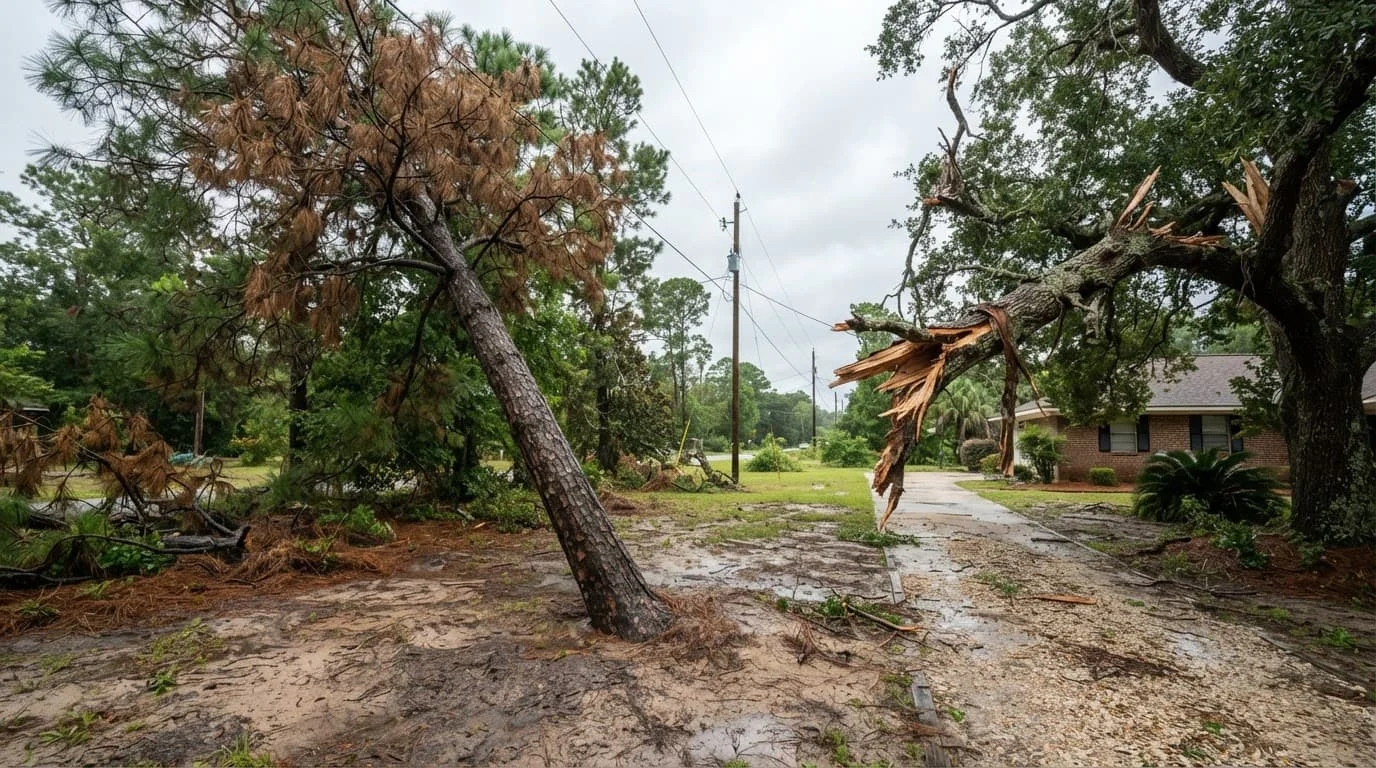 Storm-damaged pine and broken oak limb beside a wet residential driveway.