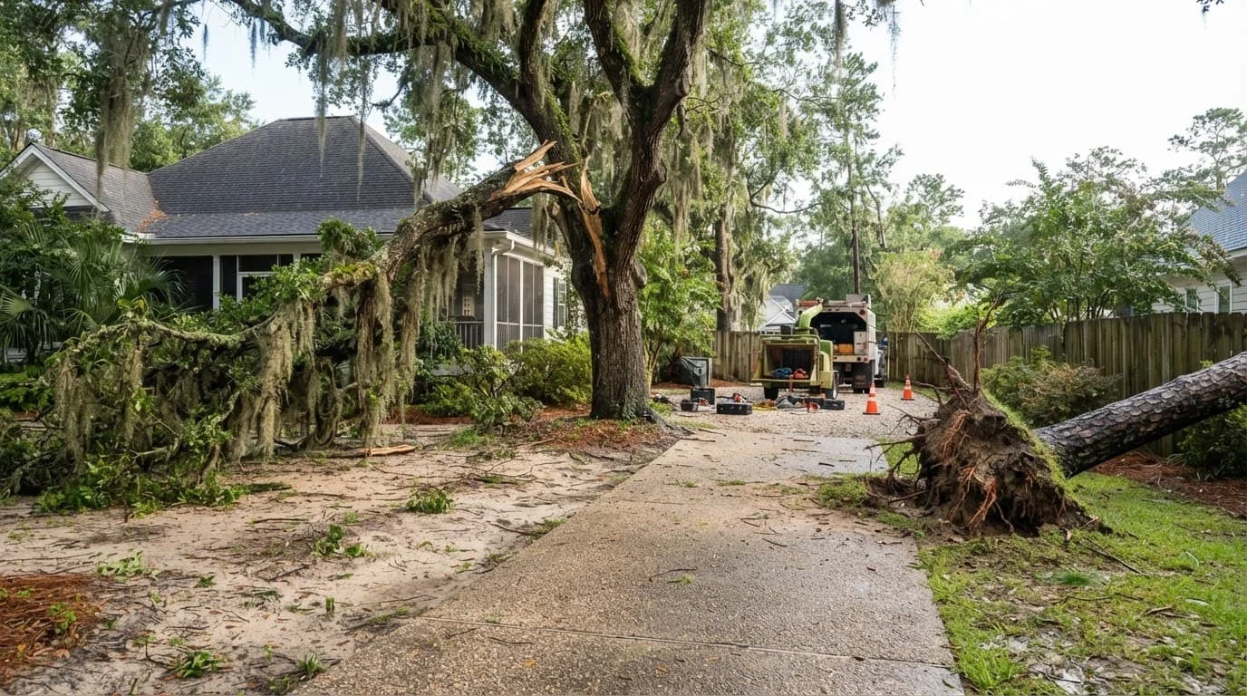 Storm-damaged oak and uprooted pine beside a coastal Georgia driveway.
