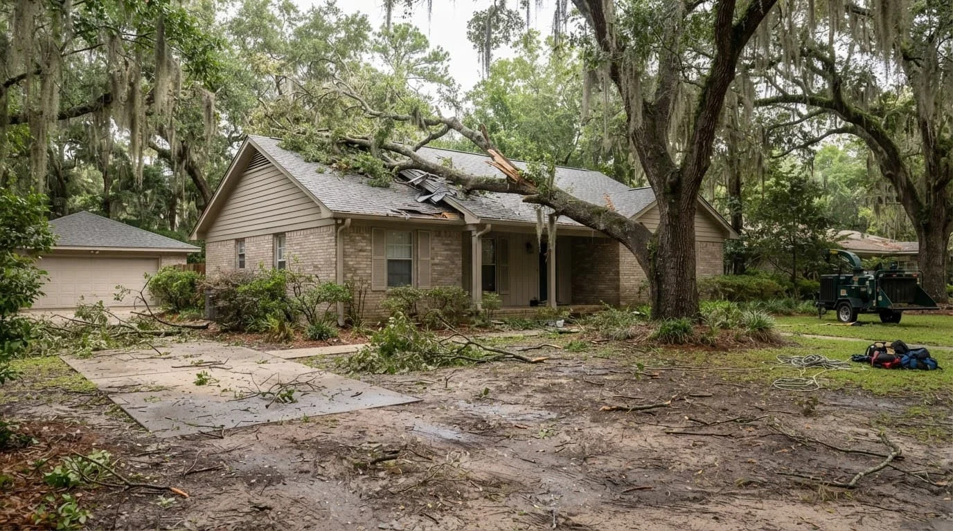 A fallen oak limb rests on a house roof beside branches scattered across a wet driveway.