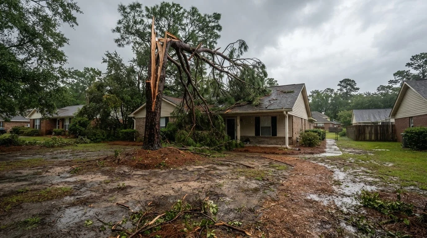 A split pine and hanging limbs beside a suburban house after a storm.