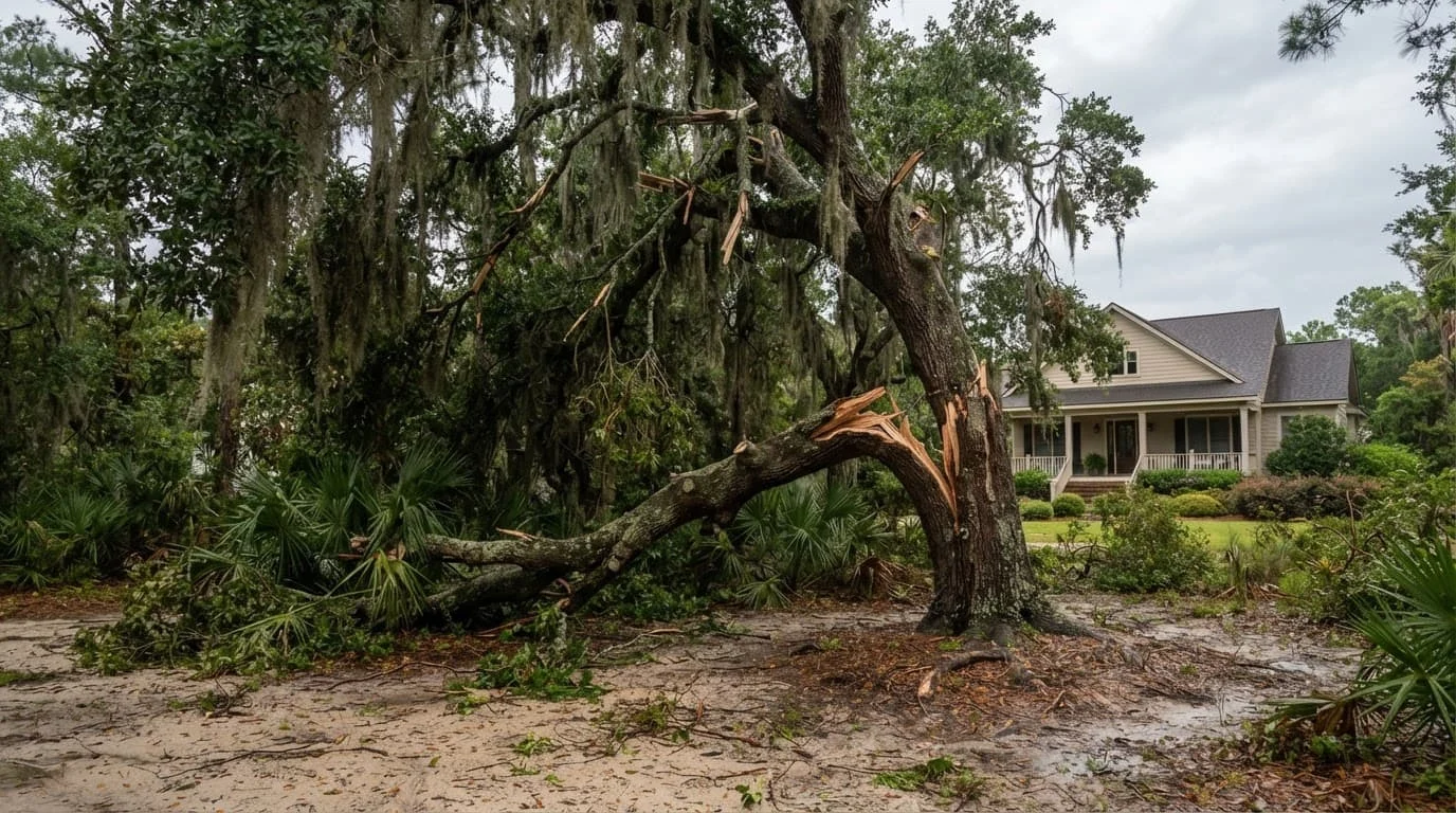 Storm-damaged live oak with a split limb, hanging branches, and Spanish moss beside a house.