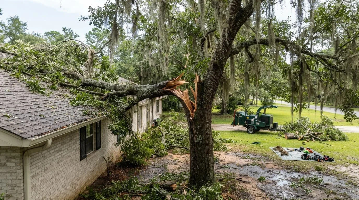 A broken oak limb lies beside a house roof after a storm.