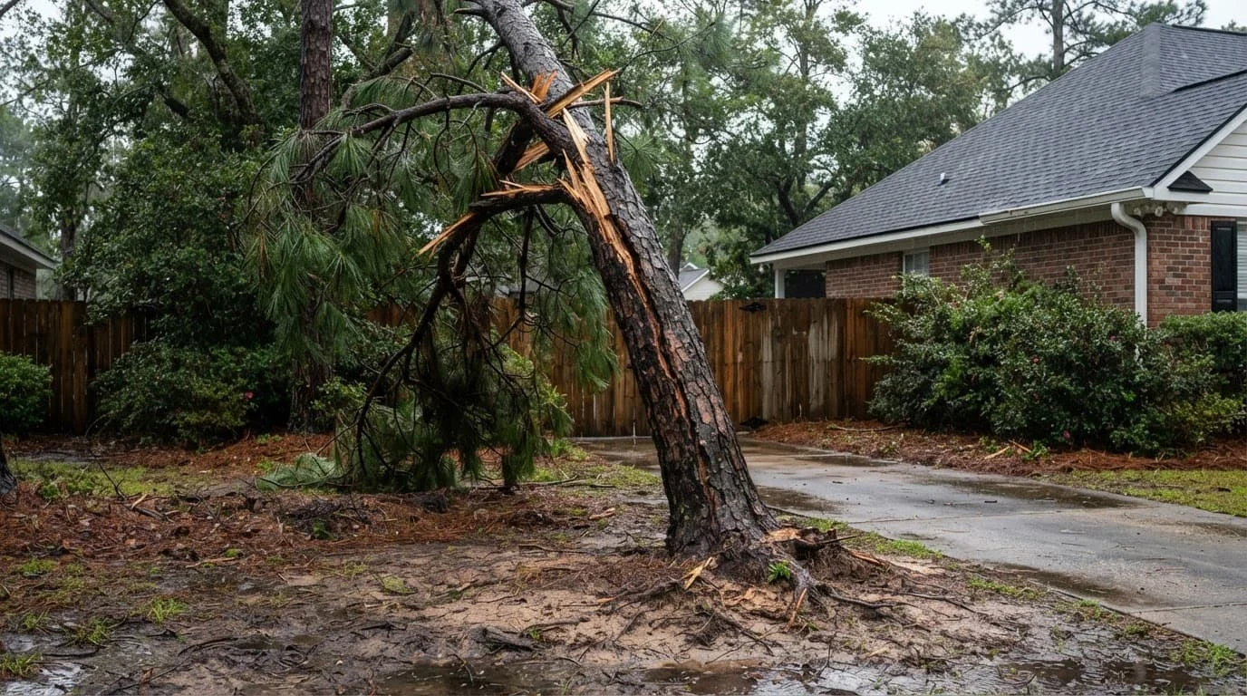 A cracked pine tree leans beside a wet driveway after a storm.