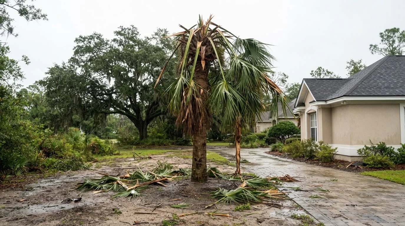 A storm-damaged palm tree with broken fronds beside a driveway and sandy yard.