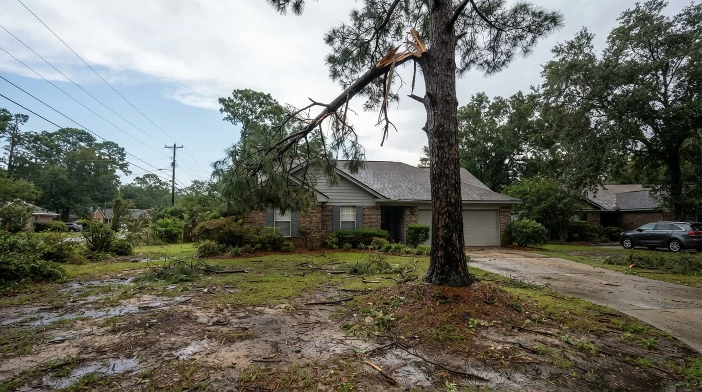 Storm-damaged pine with a hanging limb beside a driveway and house roof.