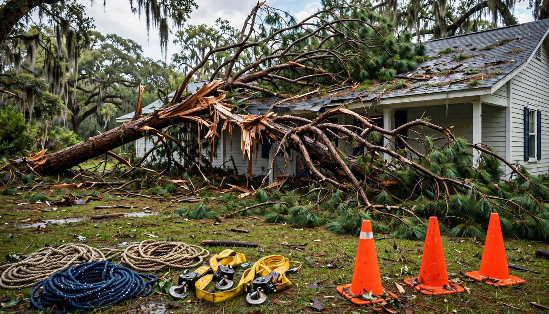 Storm damaged pine roof