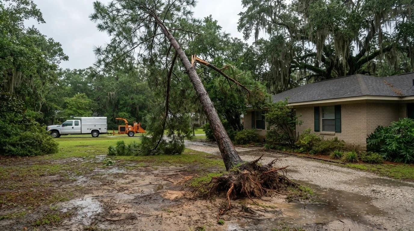 A leaning pine with exposed roots stands beside a driveway and house after a storm.