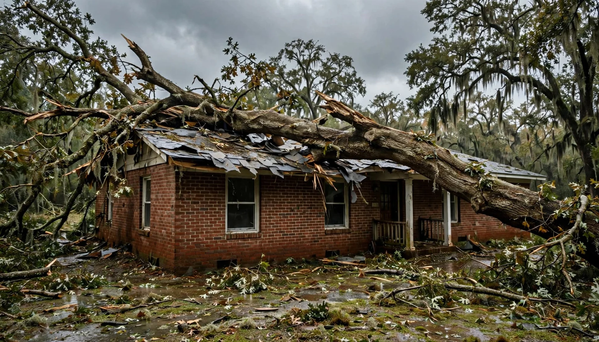 Storm damaged ranch house