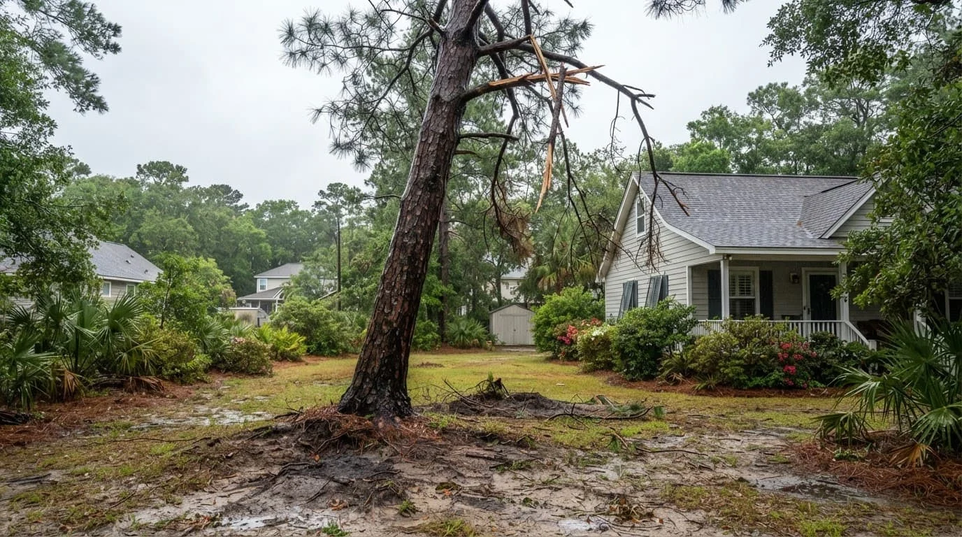 A leaning pine with broken limbs beside a coastal Georgia home.