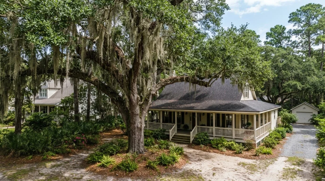 A pruned live oak stands beside a coastal Georgia home with Spanish moss and sandy ground.