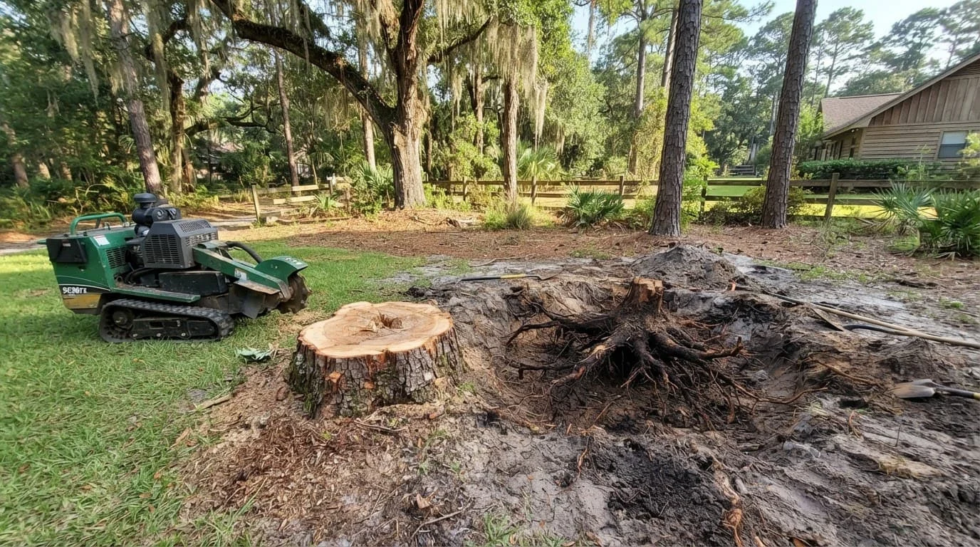 A yard shows a cut stump, stump grinder, and exposed roots in a separate excavation.