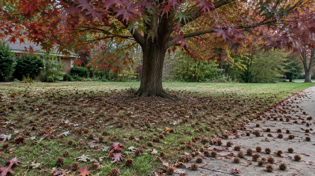 Spiky sweetgum seed balls scattered across a Georgia lawn and walkway beneath red autumn foliage