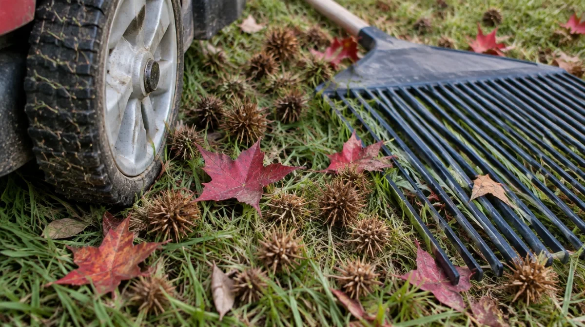 Spiky sweetgum gumballs in grass next to a lawn mower wheel and a leaf rake in autumn