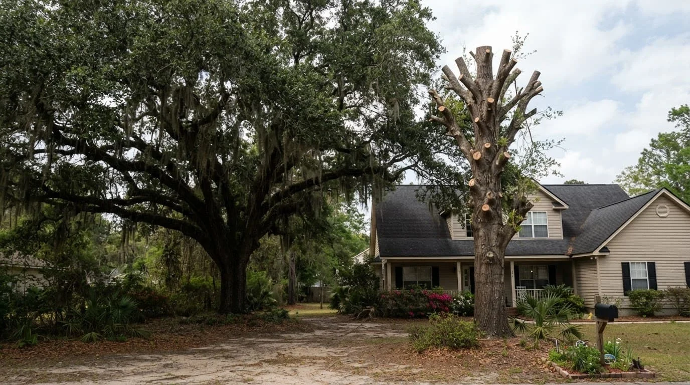A natural live oak stands beside a flat-topped tree in a sandy residential yard.