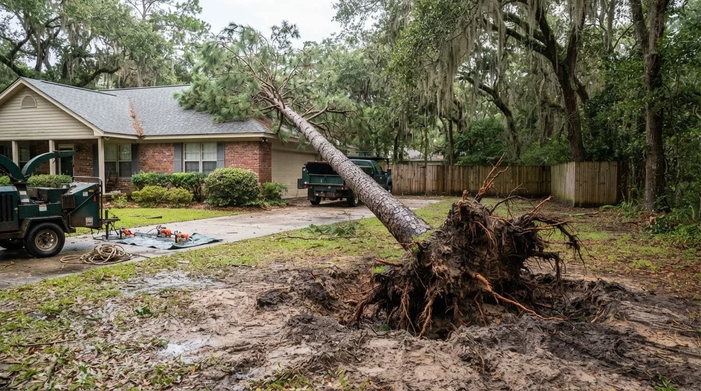 An uprooted pine with exposed roots beside a Georgia home after a storm.