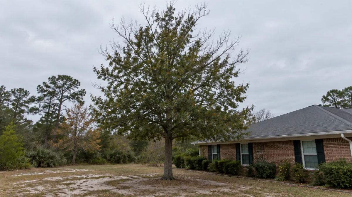Mature water oak with an upright crown and bare dieback in the upper branches growing close to a coastal Georgia brick home