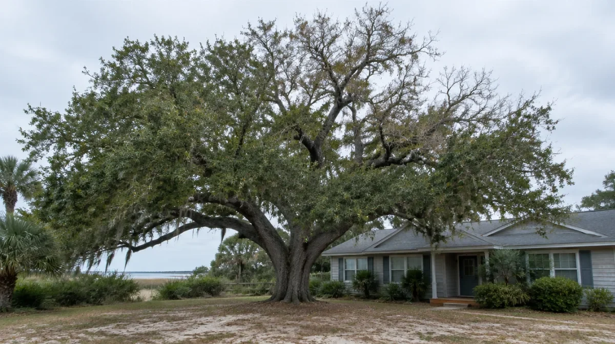 Mature water oak with upper crown dieback growing close to a coastal Georgia home