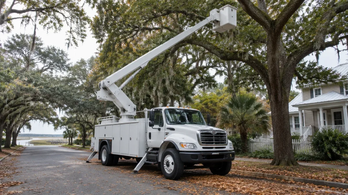 Clean white bucket truck with the boom raised into a tall live oak on a coastal Georgia street in autumn