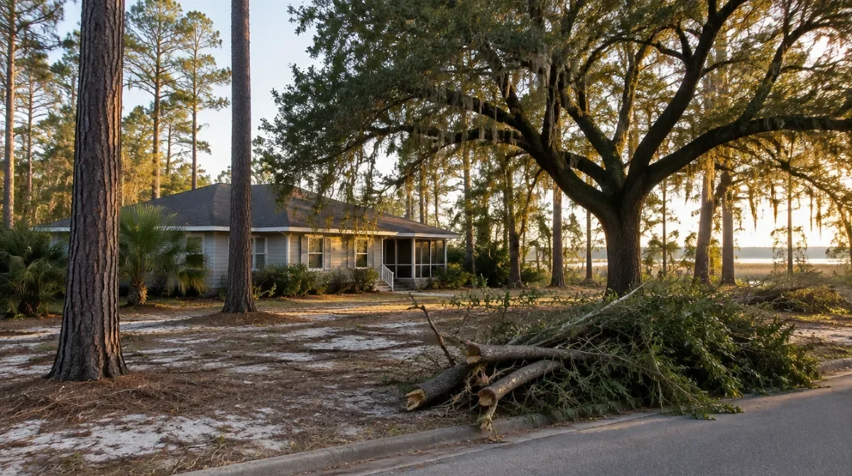 Pines and a live oak beside a coastal Georgia house in late November with storm-broken limbs stacked at the curb